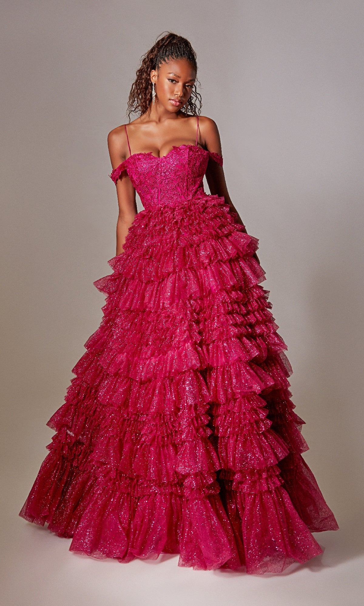 Raspberry Pink Long Glitter Prom Dress with Ruffles