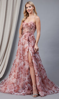 Sheer-Bodice Strapless Long Floral Prom Dress 2106