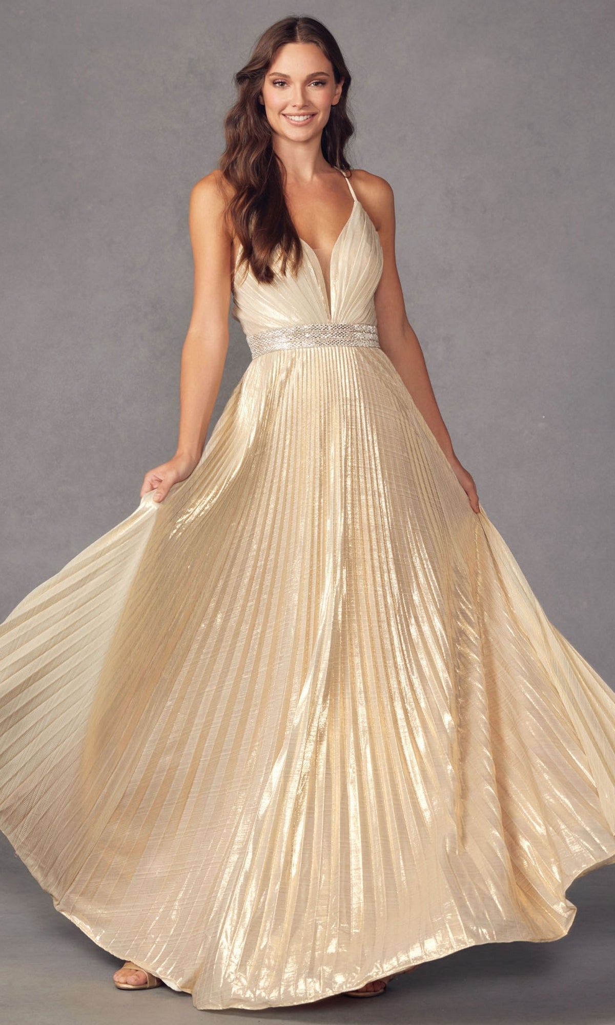 Deep V-Neck Pleated Long A-Line Prom Dress 226