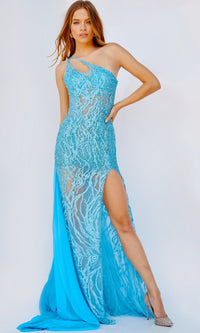 Jovani Shoulder-Drape Sheer Long Prom Dress 22602