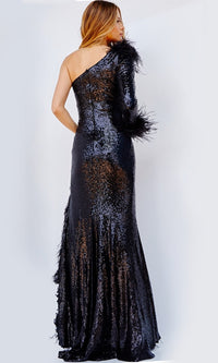 Jovani One-Sleeve Feather Long Formal Dress 22895