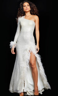 Jovani One-Sleeve Feather Long Formal Dress 22895