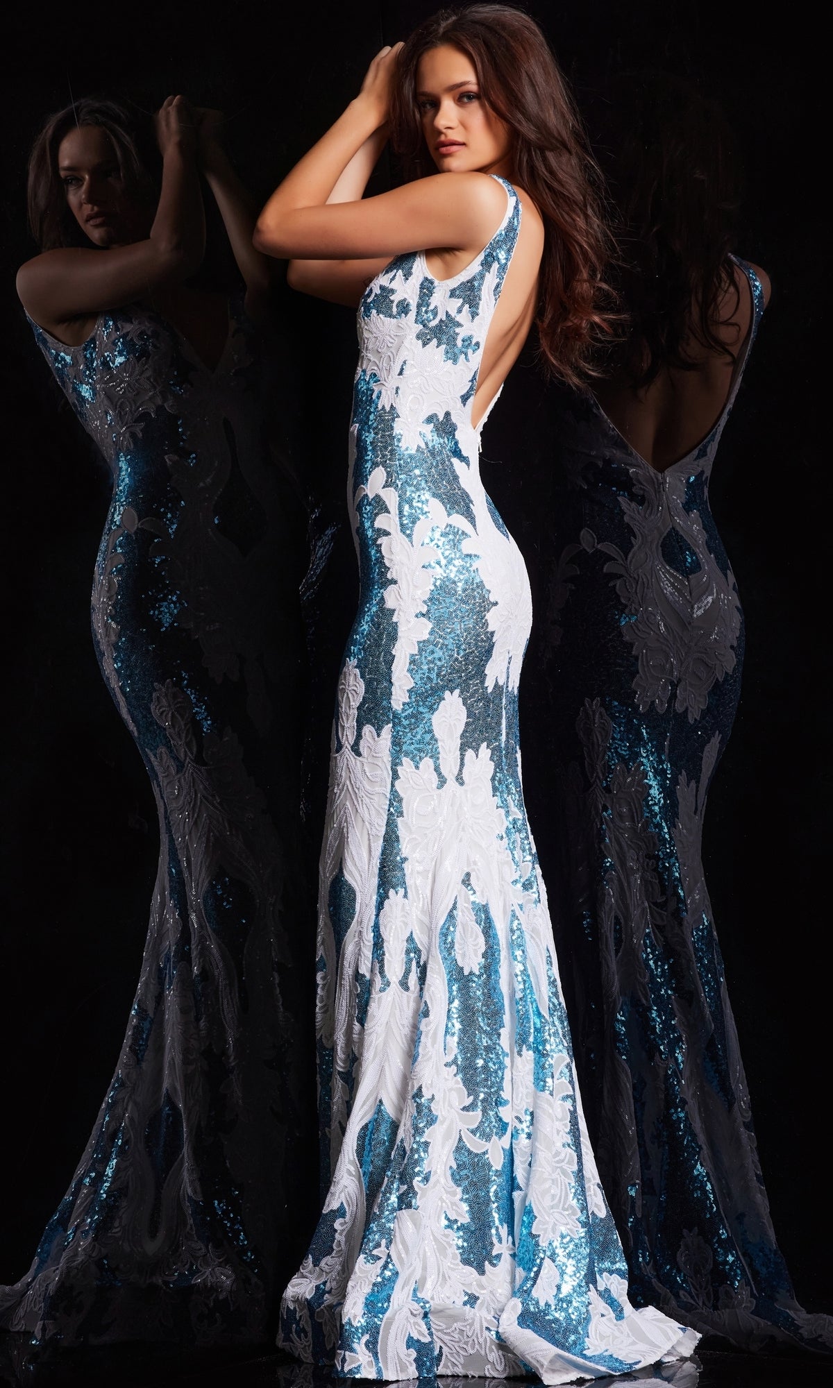 Jovani V-Back Long Sequin-Print Prom Dress 23319