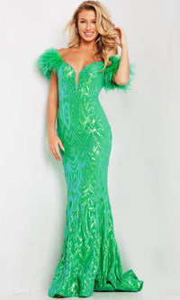 Jovani Feather-Trim Long Sequin Prom Dress 23383