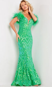 Jovani Feather-Trim Long Sequin Prom Dress 23383