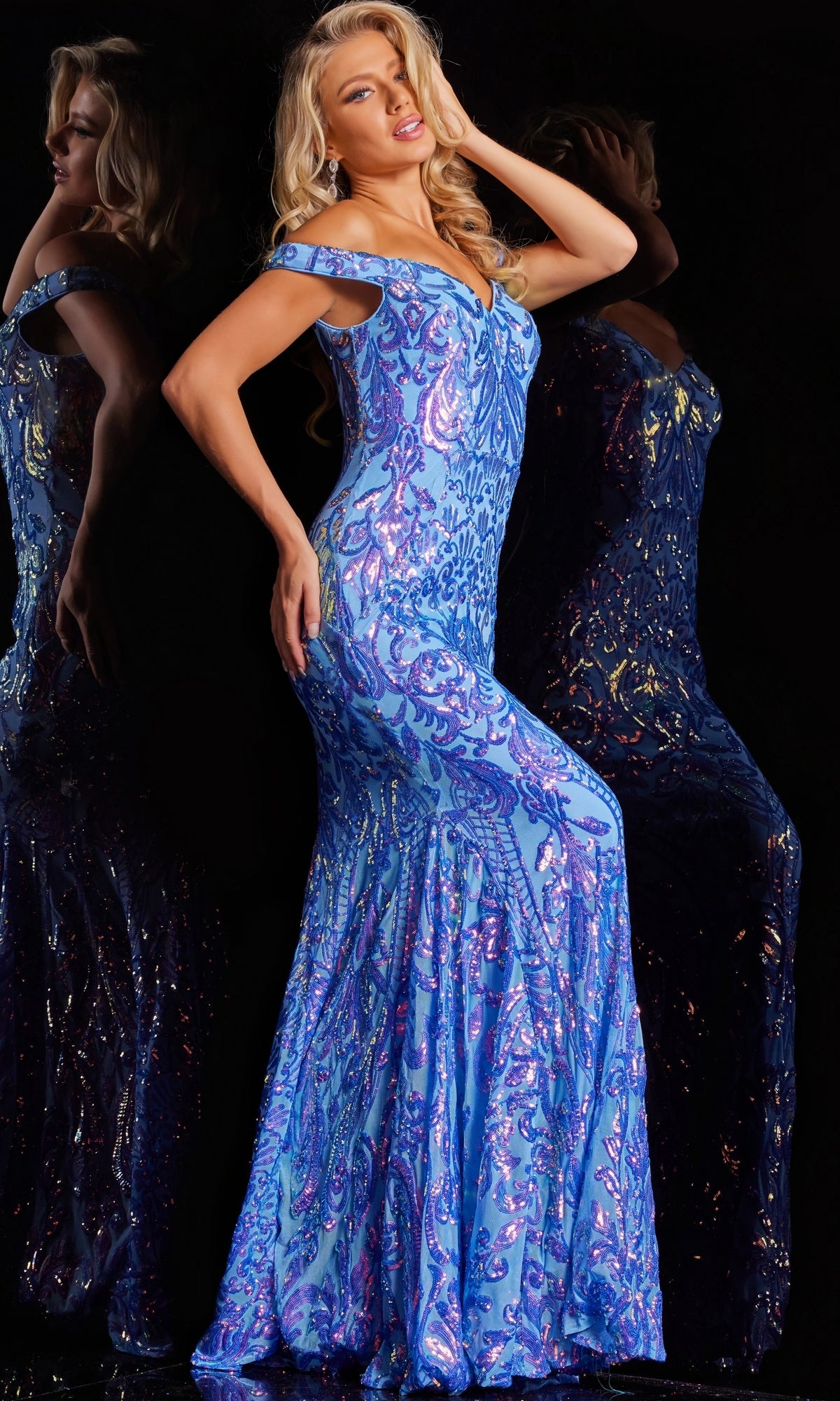 Jovani Long Sweetheart Sequin-Print Prom Dress 23675