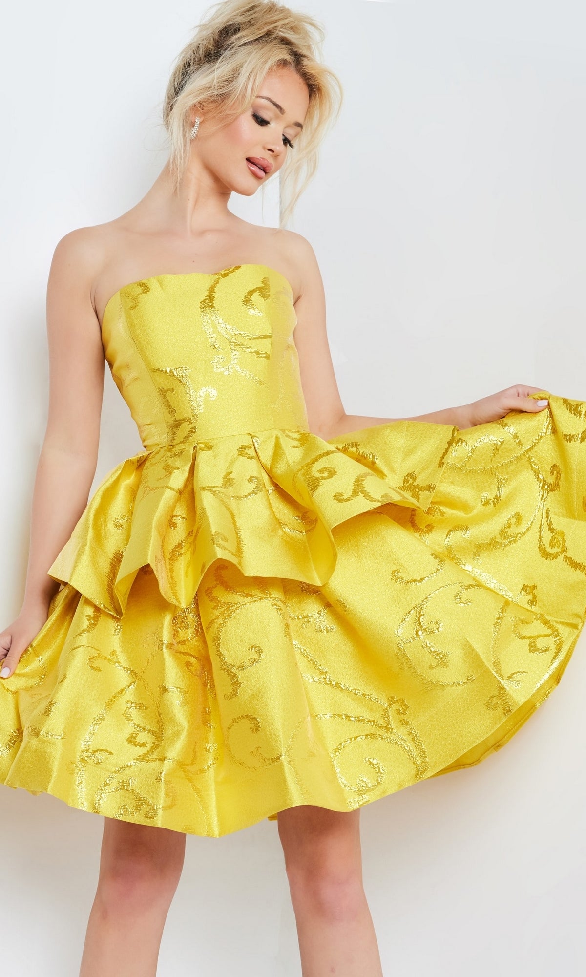 Short Yellow Strapless Party Dress by Jovani -PromGirl