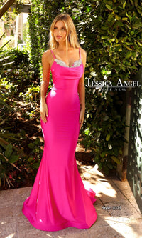 Beaded-Neck Long Prom Dress: Jessica Angel 2375