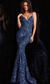 Jovani V-Back Long Sequin-Print Prom Dress 23839