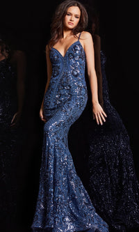 Jovani V-Back Long Sequin-Print Prom Dress 23839