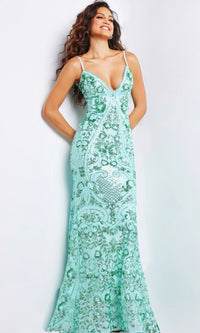 Jovani V-Back Long Sequin-Print Prom Dress 23839