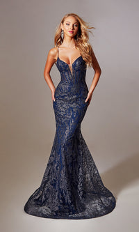 Long Navy Glitter Prom Dress: Aerie Couture 239