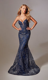 Long Navy Glitter Prom Dress: Aerie Couture 239