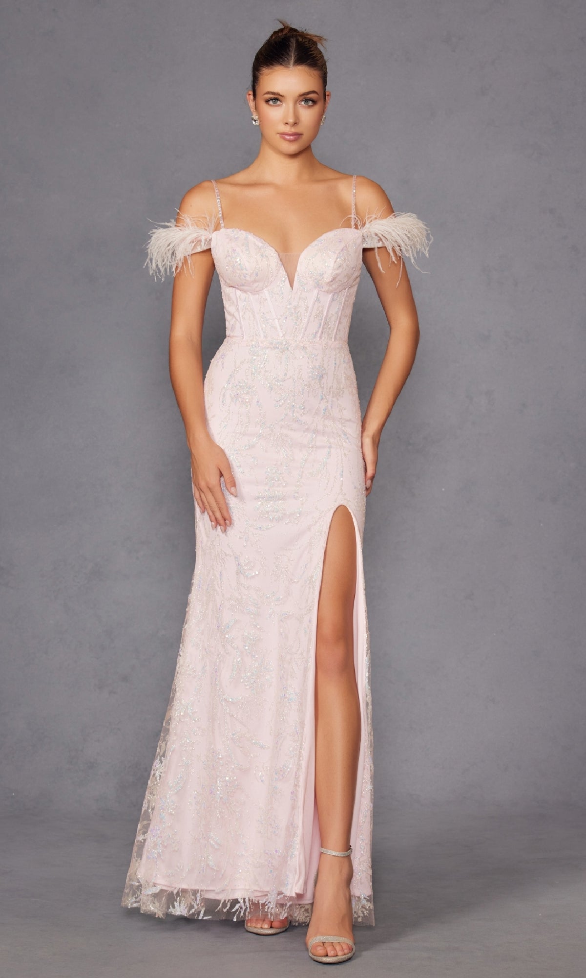 Feather Cold-Shoulder Long Glitter Prom Dress 2402