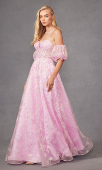 Puff-Sleeve Strapless Long Glitter Prom Dress 2404