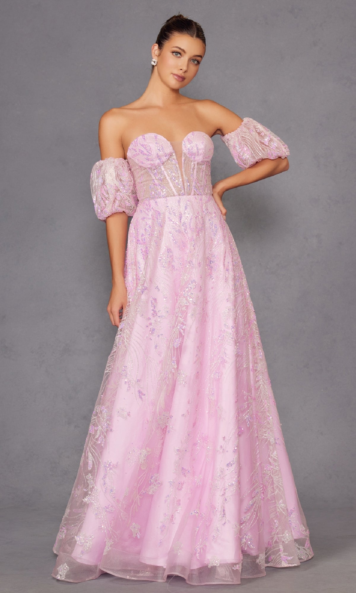 Puff-Sleeve Strapless Long Glitter Prom Dress 2404