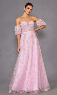 Puff-Sleeve Strapless Long Glitter Prom Dress 2404