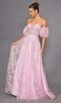 Puff-Sleeve Strapless Long Glitter Prom Dress 2404