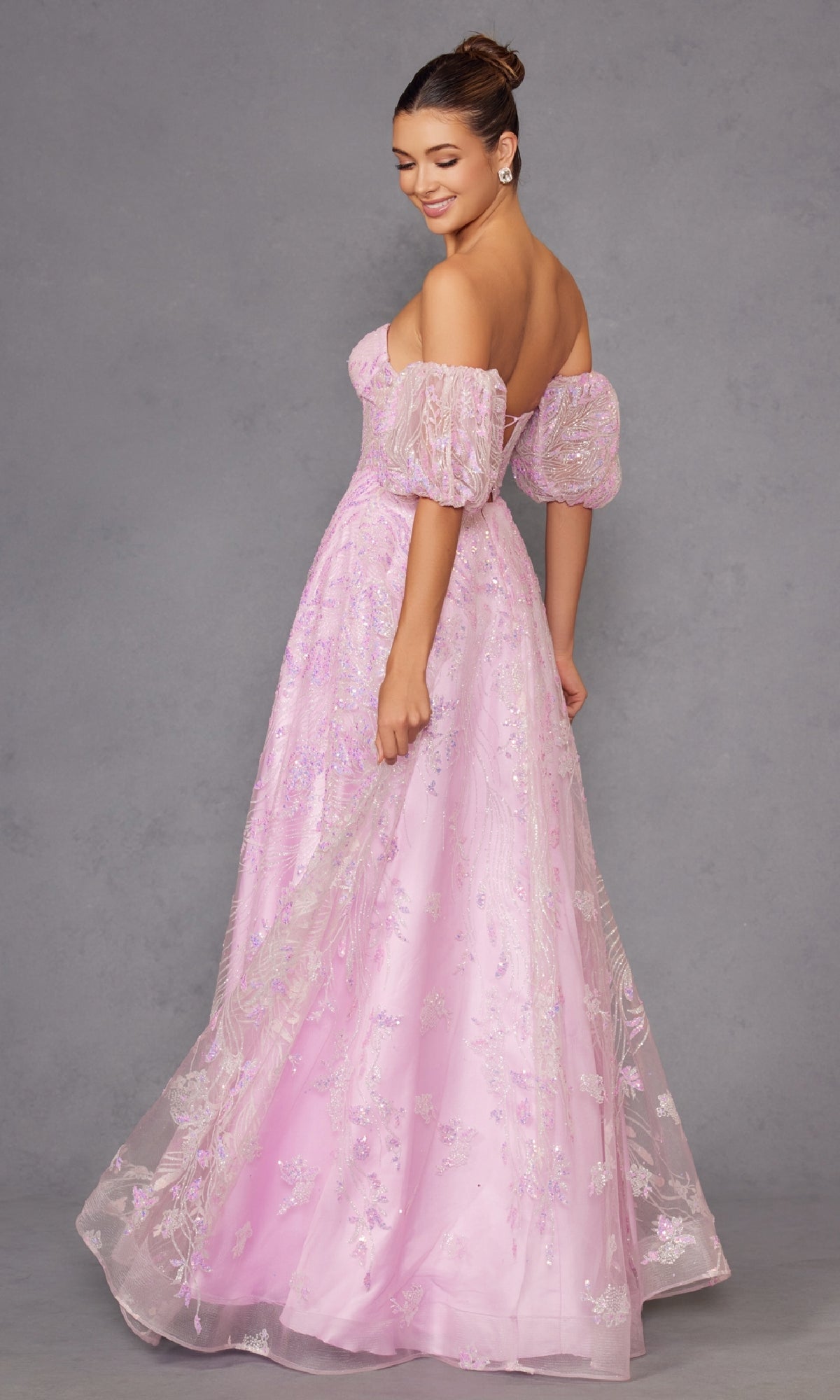 Puff-Sleeve Strapless Long Glitter Prom Dress 2404