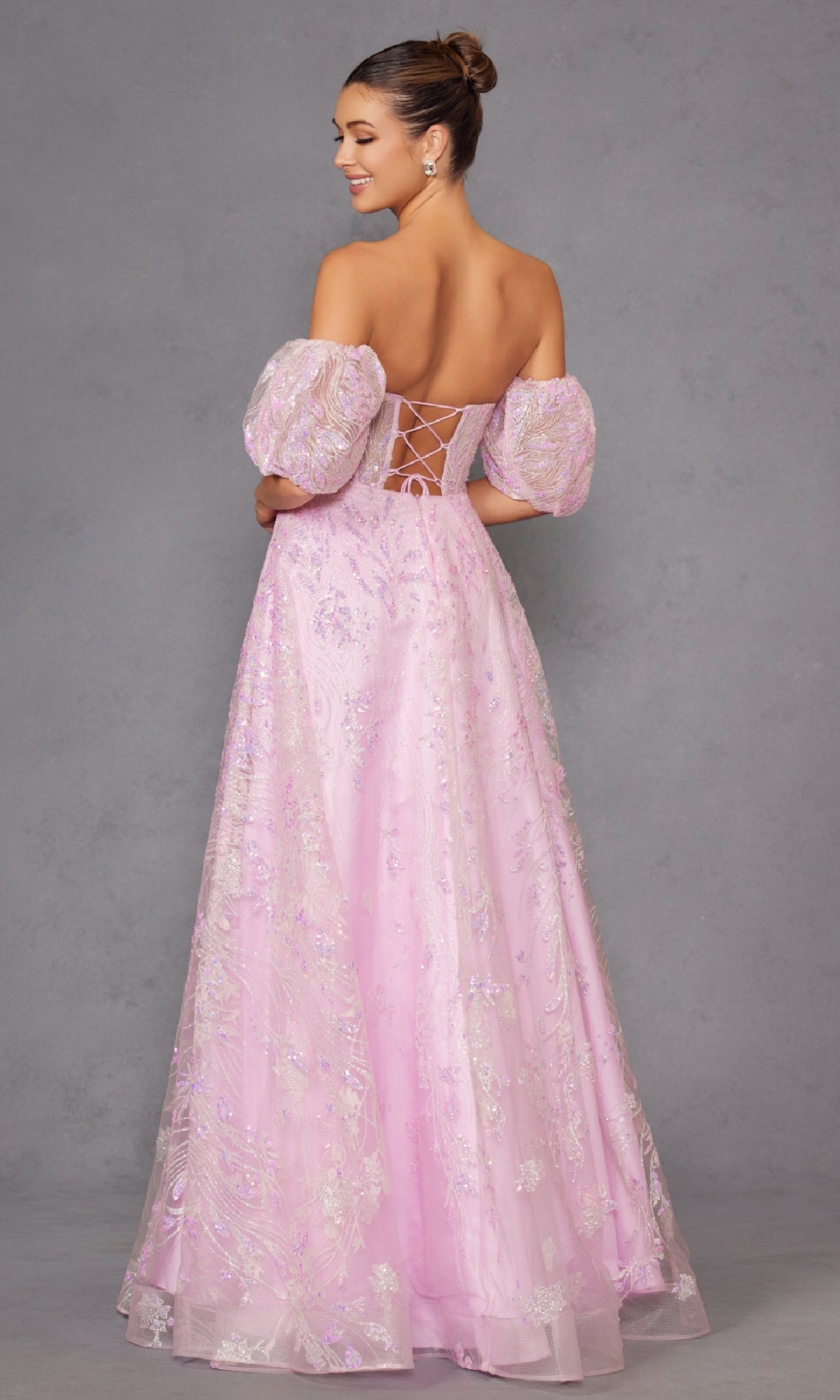 Puff-Sleeve Strapless Long Glitter Prom Dress 2404