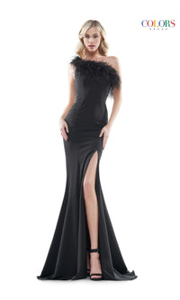 Feather-Trimmed One-Shoulder Long Prom Dress 2405