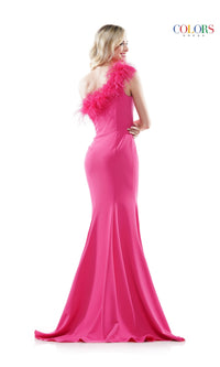 Feather-Trimmed One-Shoulder Long Prom Dress 2405