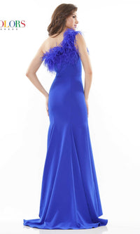 Feather-Trimmed One-Shoulder Long Prom Dress 2405