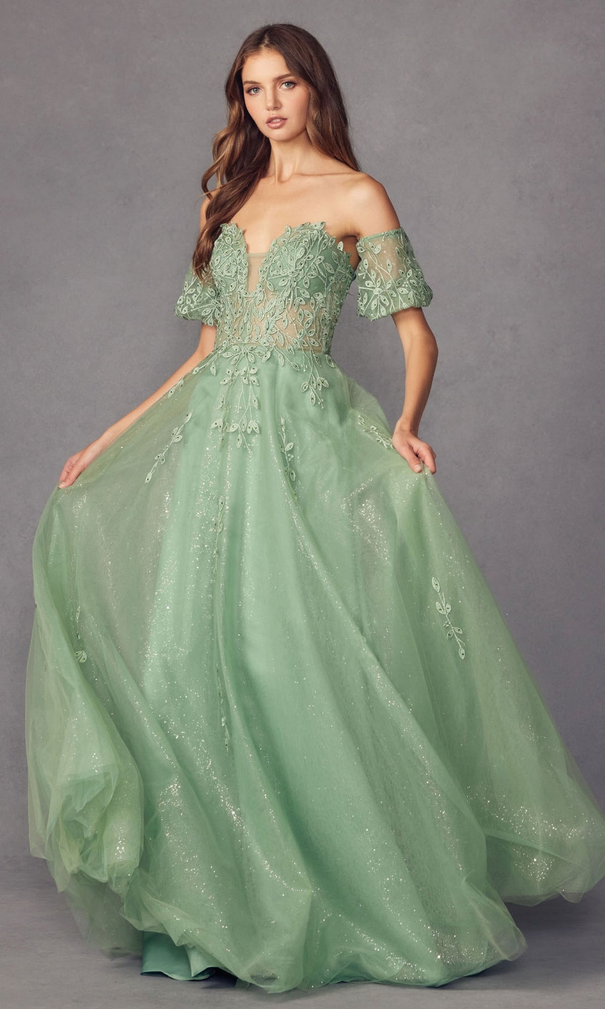 Glitter Prom Dresses with Puff Sleeves - PromGirl