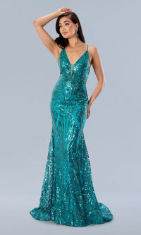 Sheer-Waist Long Sequin-Print Prom Dress 24115