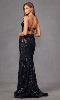 Strappy-Back Long Sequin-Print Prom Dress 2411