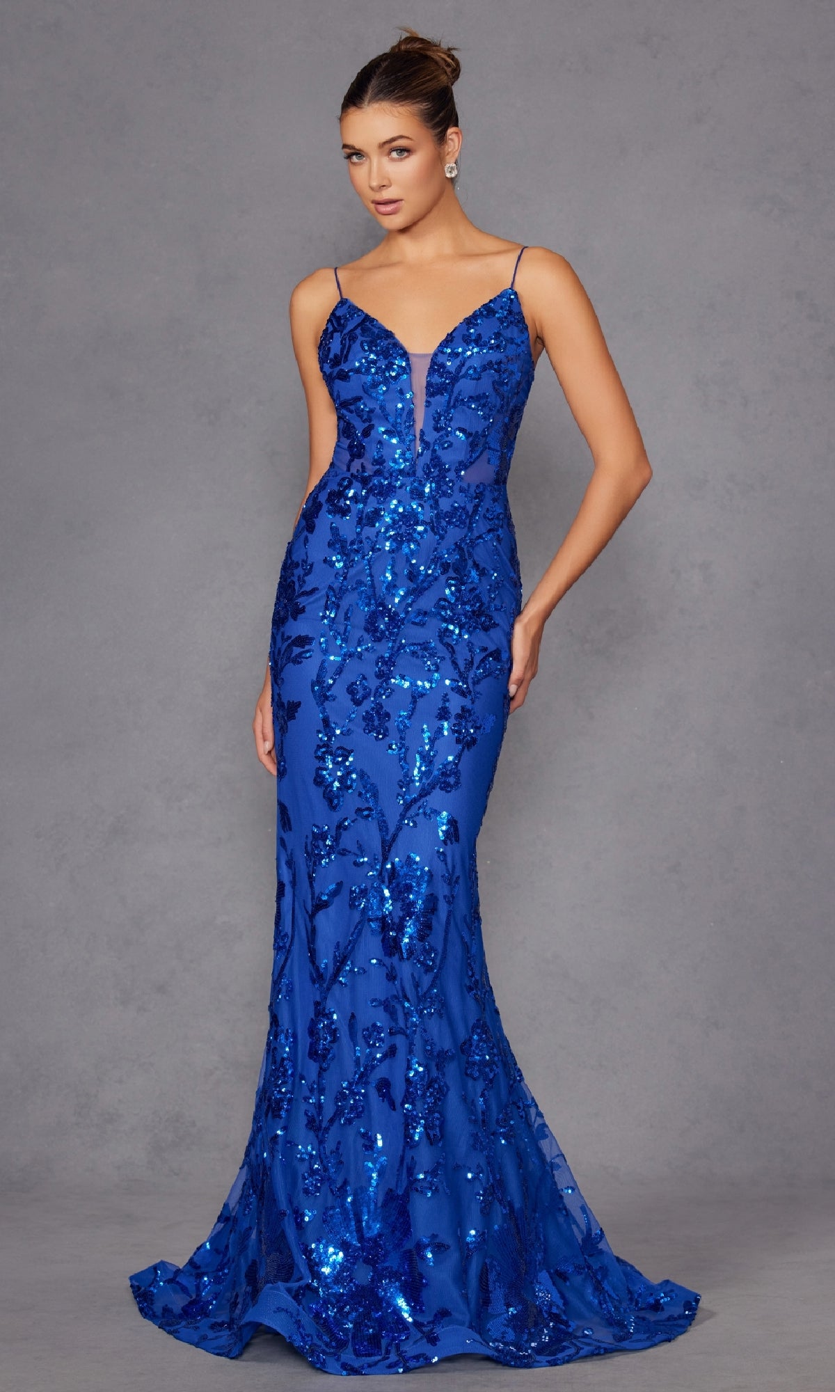 Strappy-Back Long Sequin-Print Prom Dress 2411