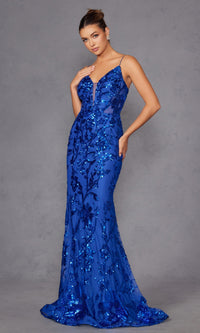 Strappy-Back Long Sequin-Print Prom Dress 2411