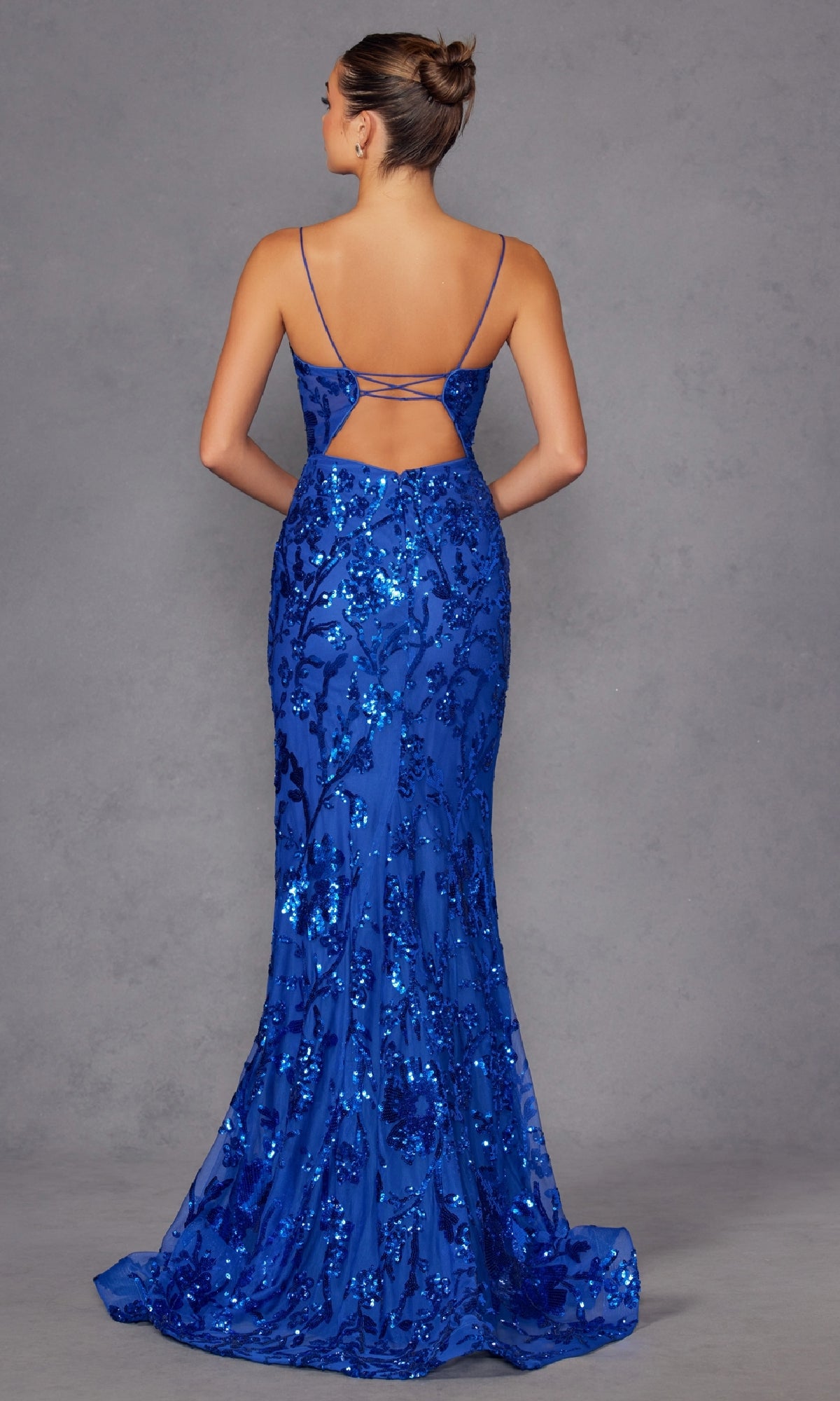 Strappy-Back Long Sequin-Print Prom Dress 2411