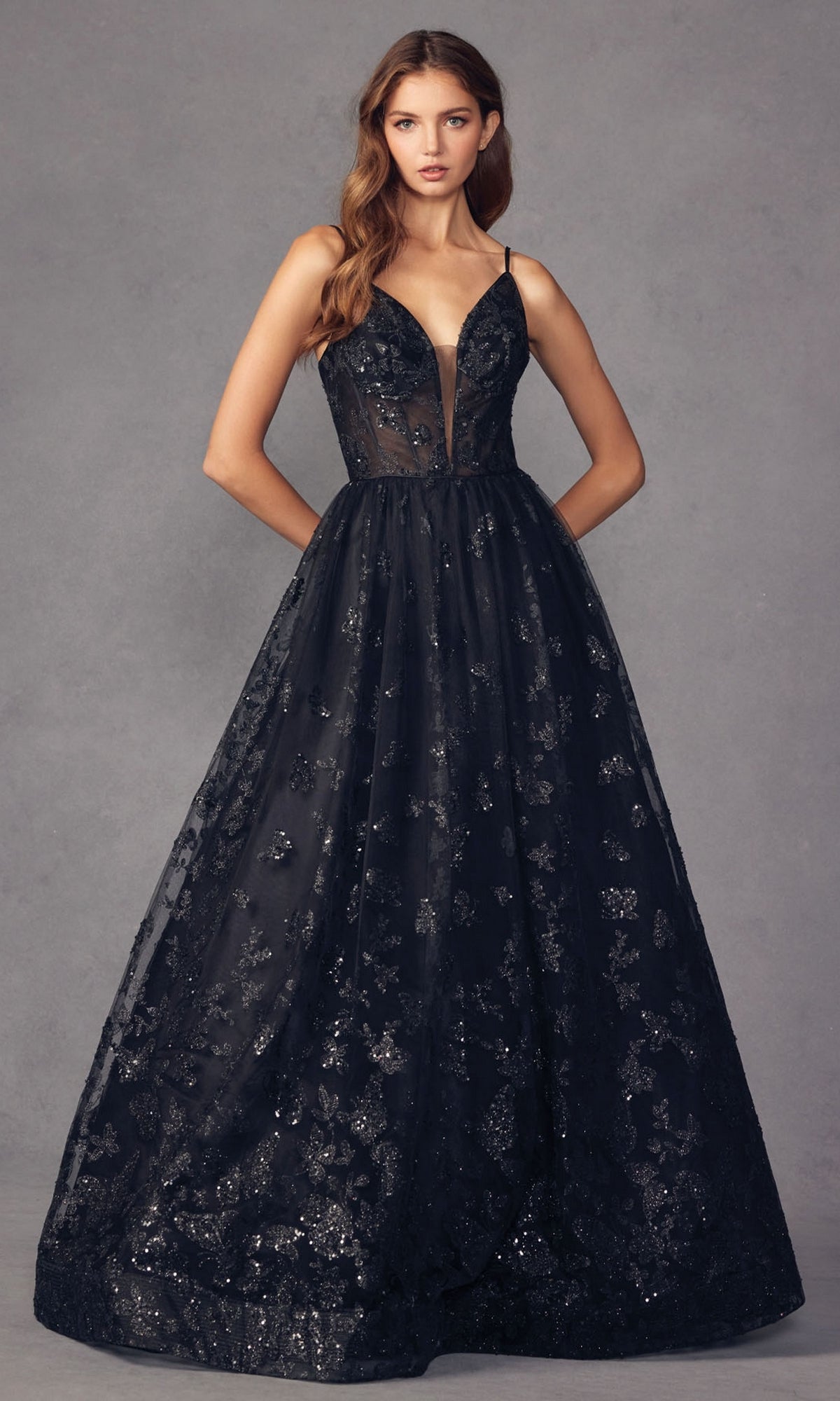 Sheer-Corset Glitter-Print Long Prom Dress 2413