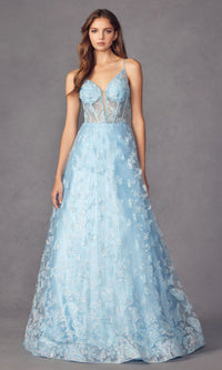 Sheer-Corset Glitter-Print Long Prom Dress 2413