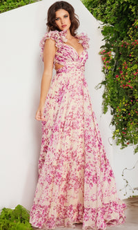 Jovani Backless Long Floral-Print Prom Dress 24139