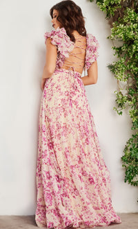 Jovani Backless Long Floral-Print Prom Dress 24139