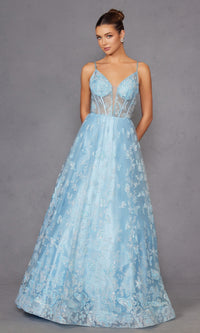 Sheer-Corset Glitter-Print Long Prom Dress 2413