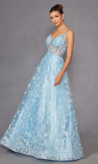 Sheer-Corset Glitter-Print Long Prom Dress 2413