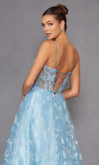 Sheer-Corset Glitter-Print Long Prom Dress 2413