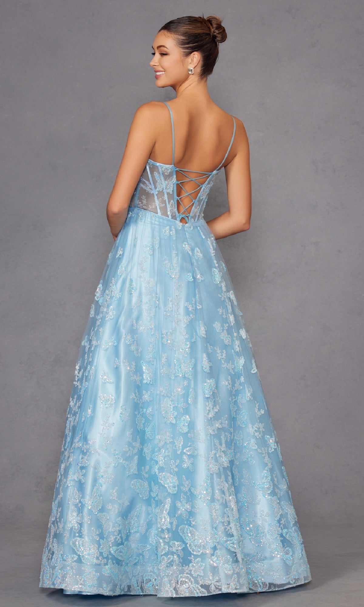 Sheer-Corset Glitter-Print Long Prom Dress 2413