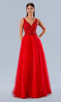 V-Neck Long Tulle Prom Dress: Stella Couture 24150