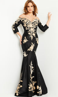 Black Mermaid Formal Gown 24327 with Gold Flowers