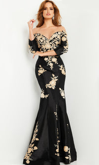 Black Mermaid Formal Gown 24327 with Gold Flowers