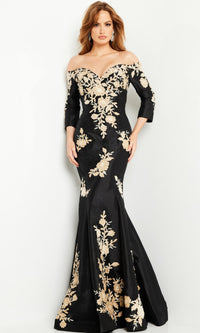 Black Mermaid Formal Gown 24327 with Gold Flowers