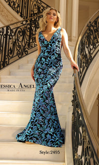 Deep V-Back Long Sequin Dress: Jessica Angel 2495