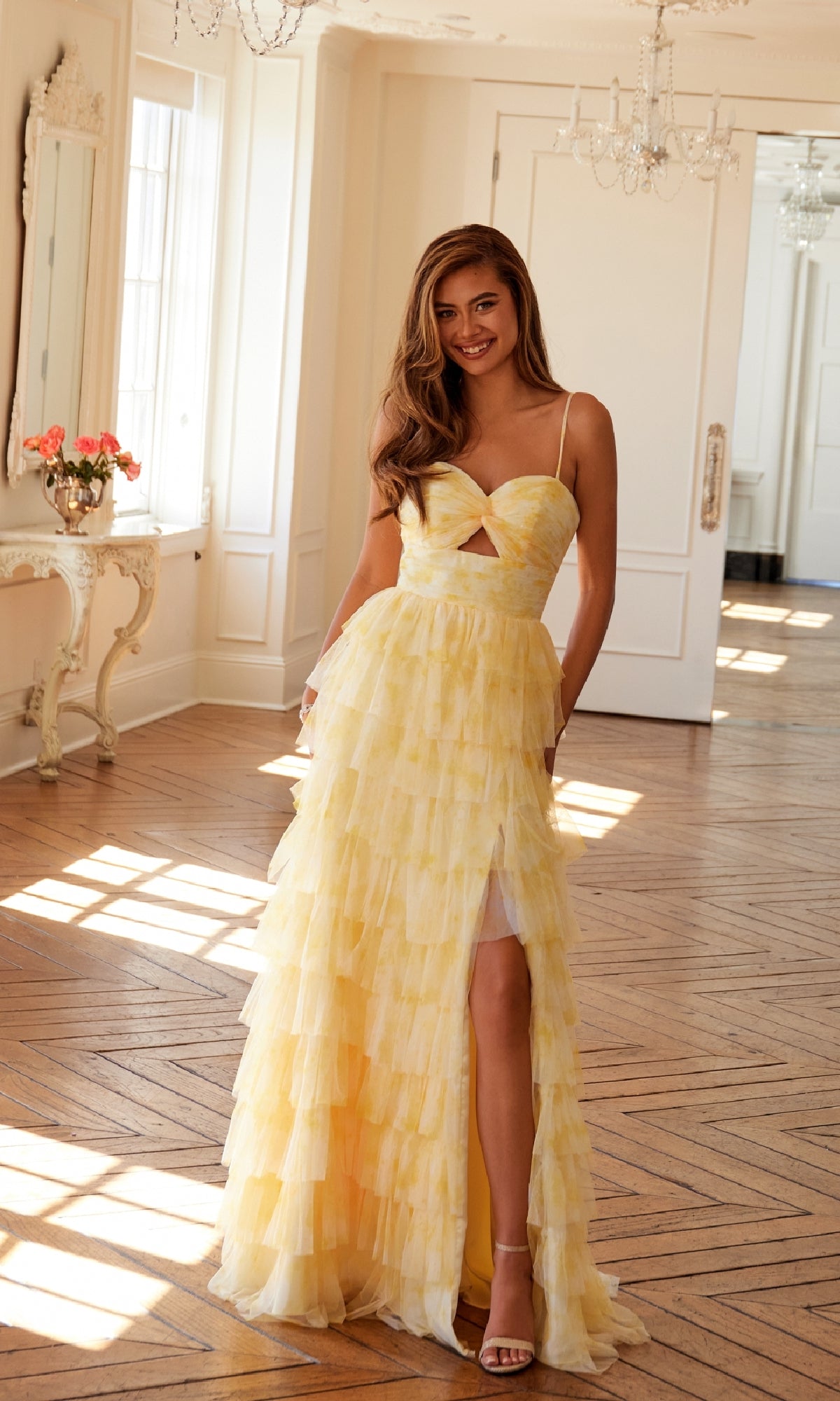 Long Yellow Ruffled Prom Dress: Juliet JT2508A