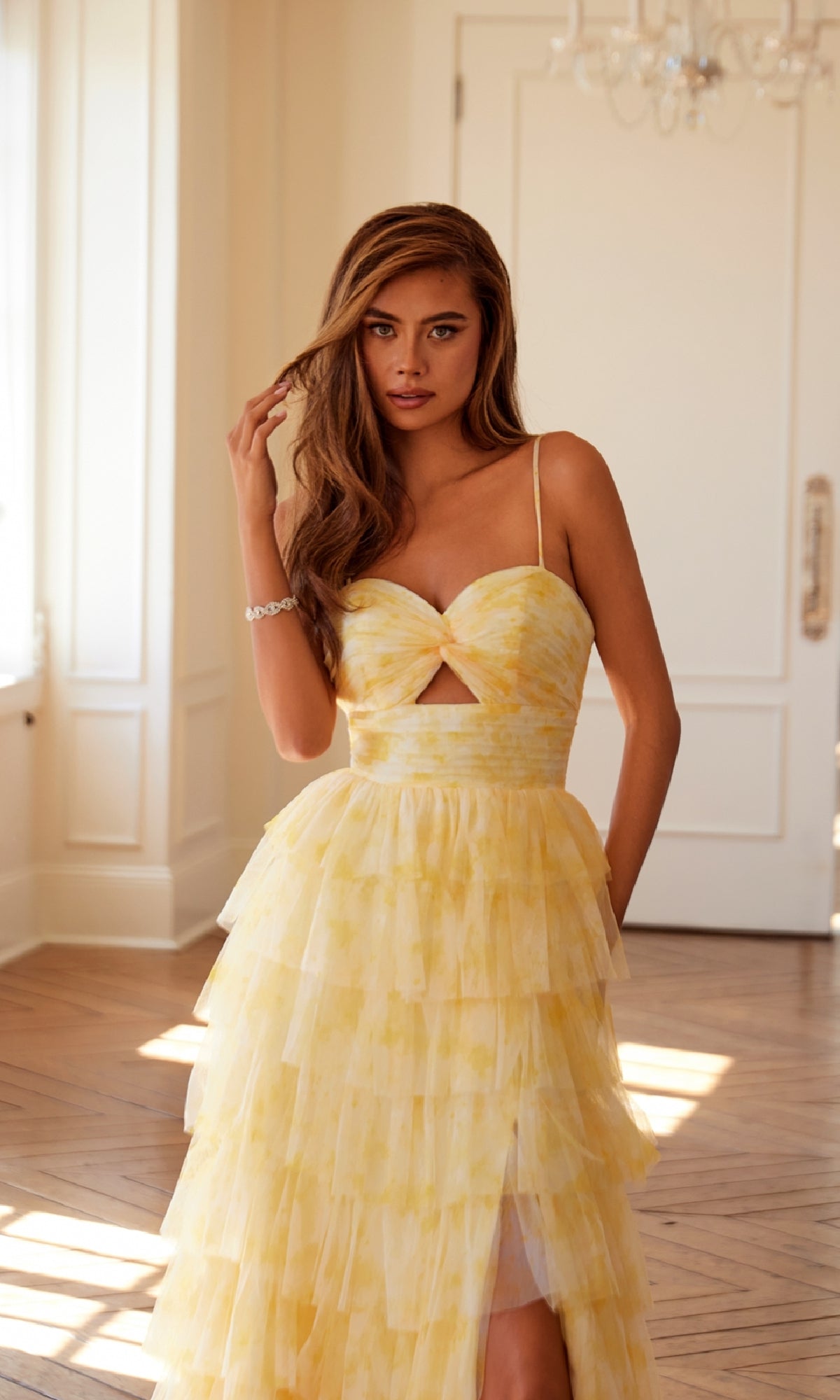 Long Yellow Ruffled Prom Dress: Juliet JT2508A