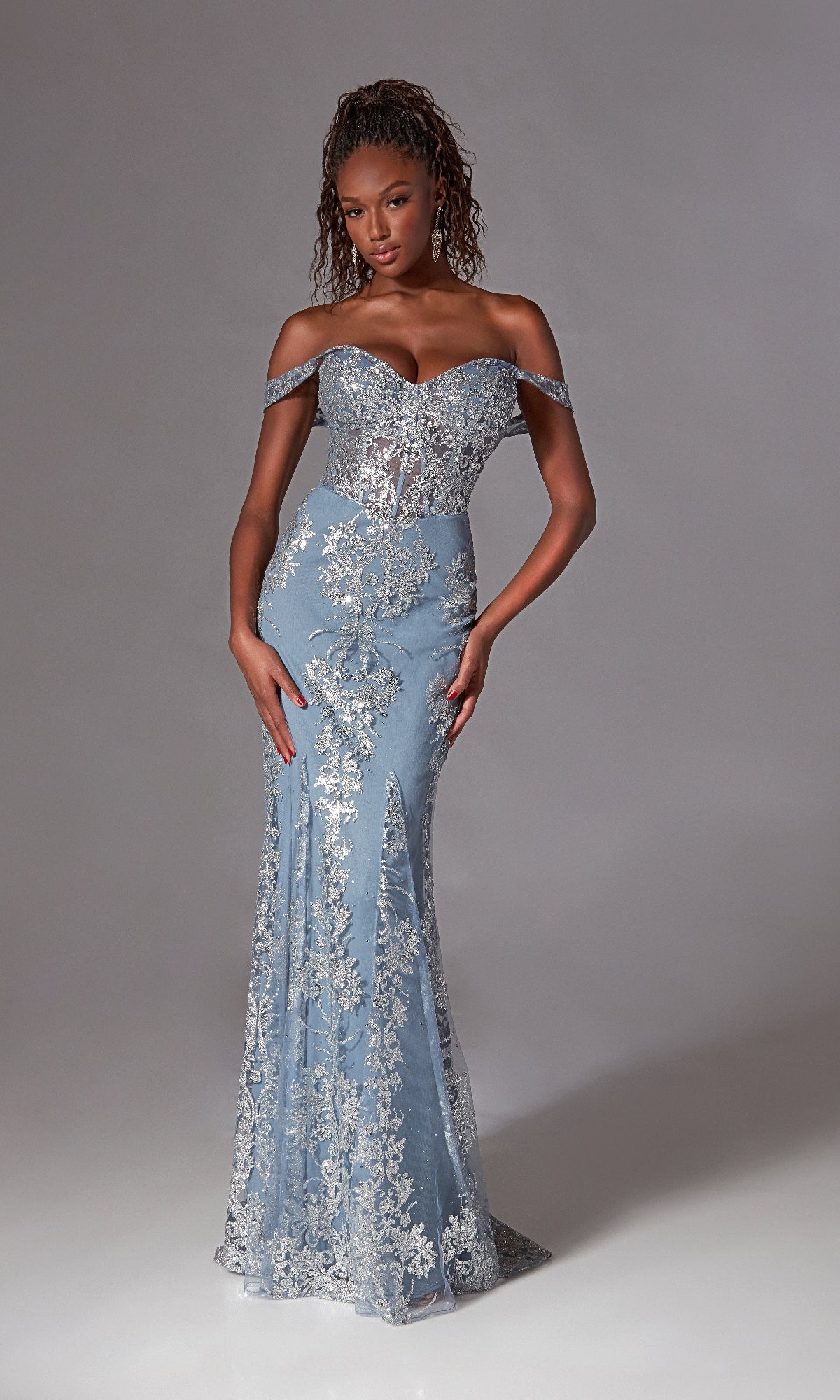 Off the Shoulder Long Blue Prom Dress with Glitterss