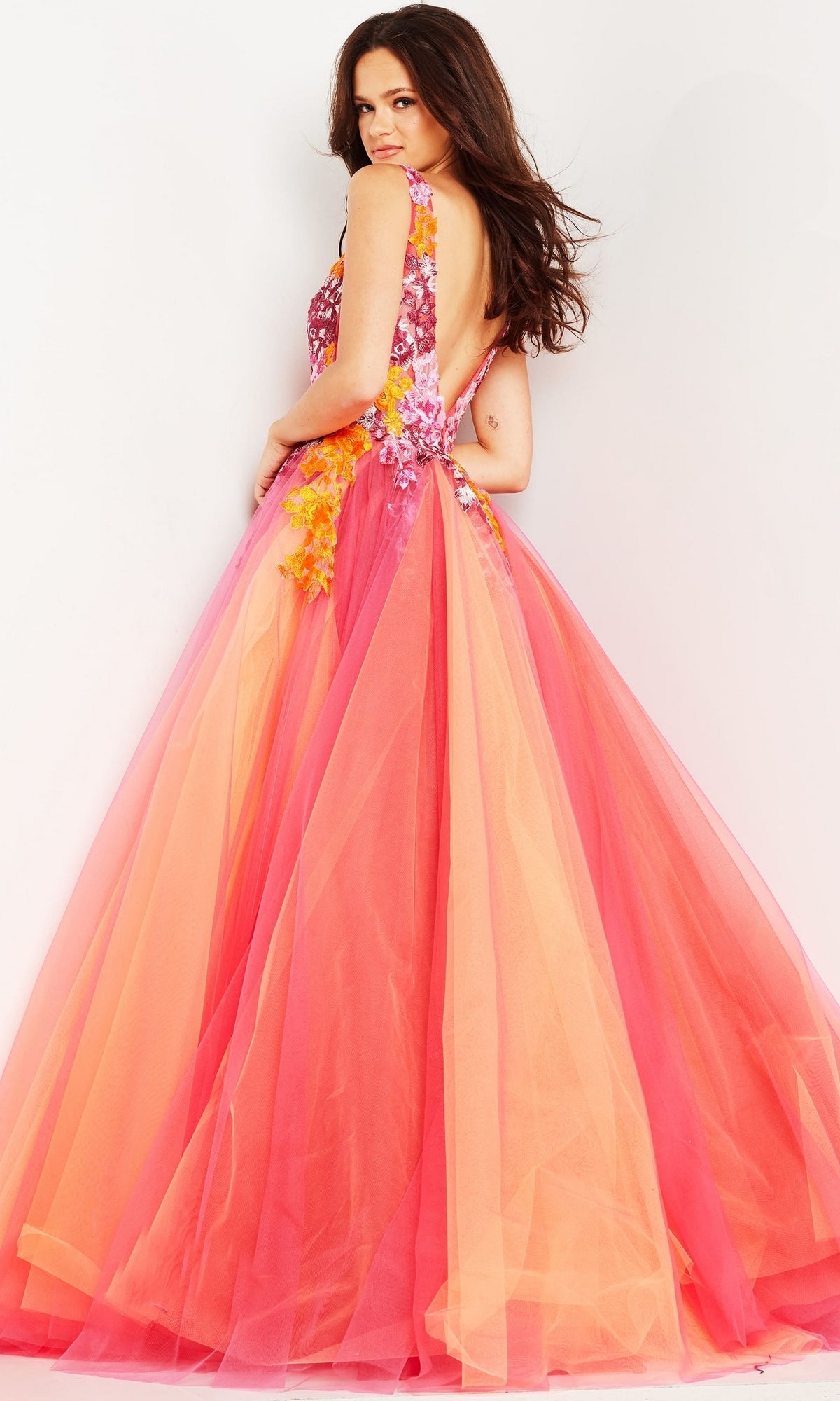 Jovani V-Neck Long Orange Prom Ball Gown 25800